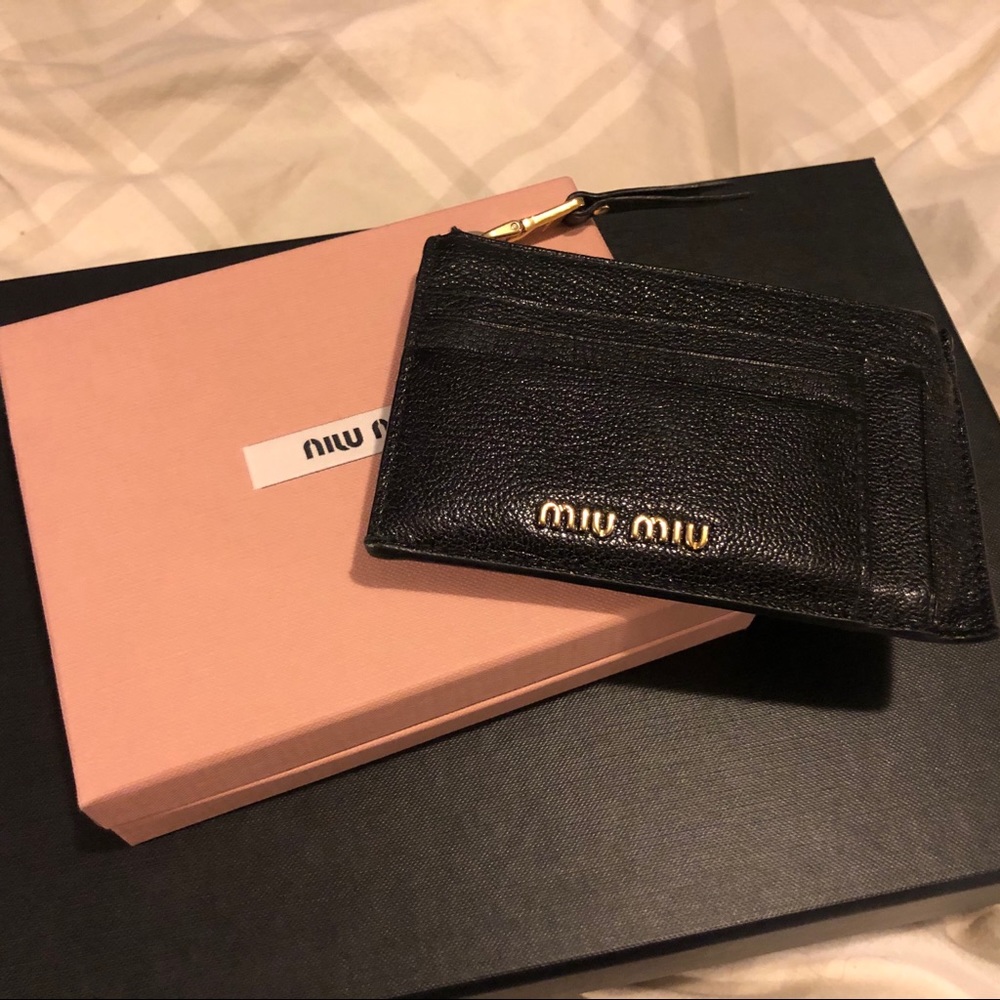 Black Miu Miu Madras Leather Credit Card Holder
